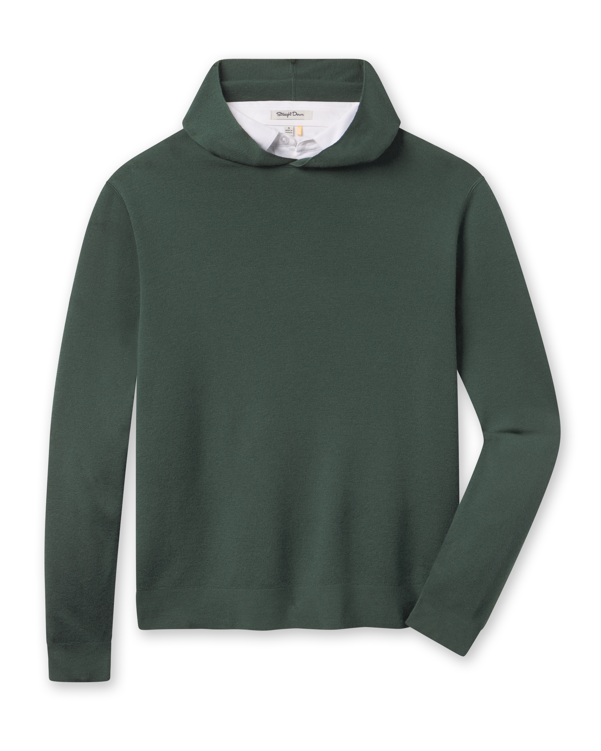 Hickam Reversible Sweater Hoodie in Dark Forest layered over a white polo, front view