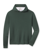 Hickam Reversible Sweater Hoodie in Dark Forest layered over a white polo, front view