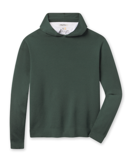 Hickam Reversible Sweater Hoodie in Dark Forest layered over a white polo, front view