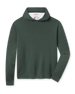 Hickam Reversible Sweater Hoodie in Dark Forest layered over a white polo, front view