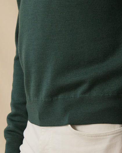 Hickam Reversible Sweater Hoodie in Dark Forest with ribbed hem detail close-up
