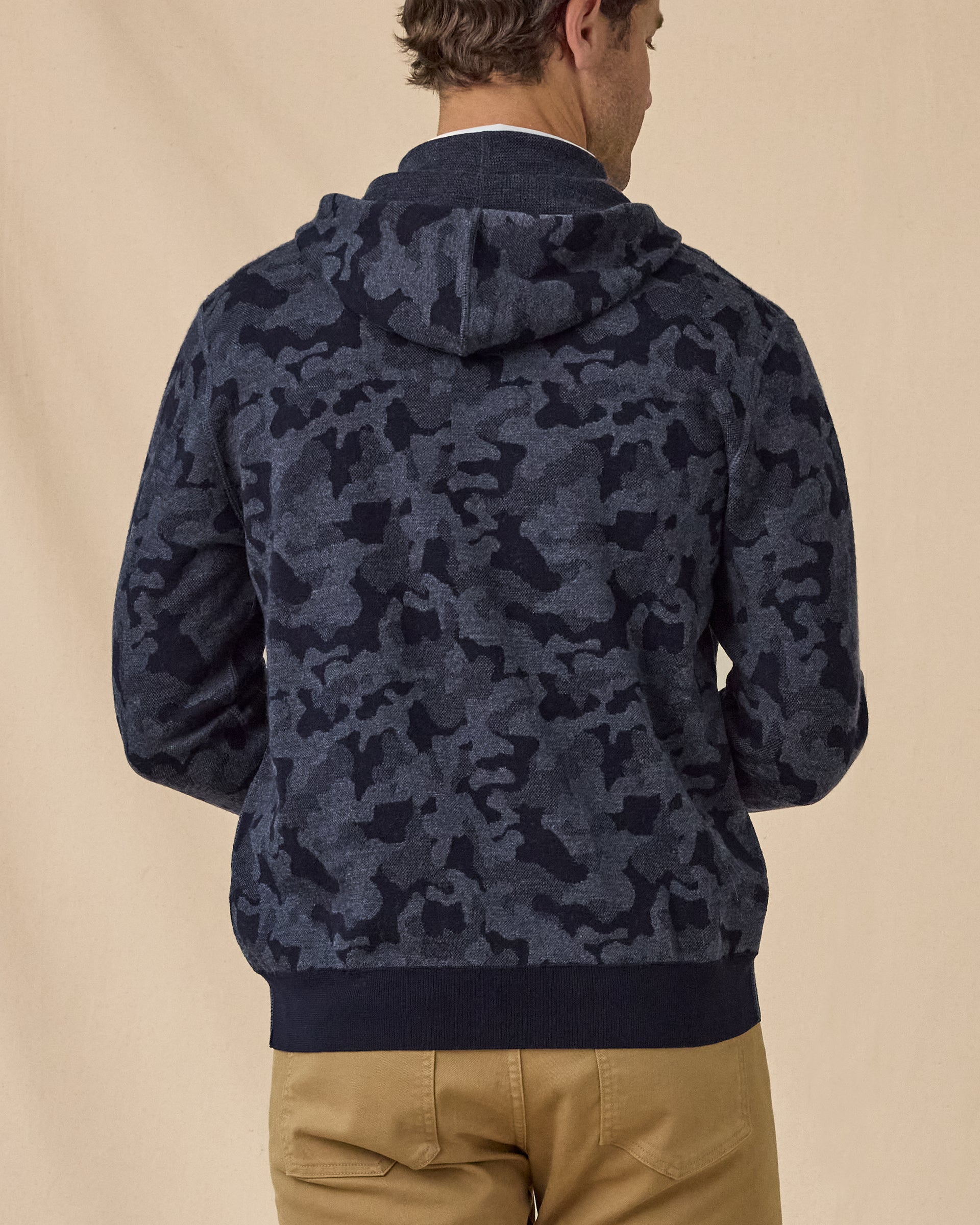 Hickam Reversible Sweater Hoodie in New Indigo camo pattern, back model view