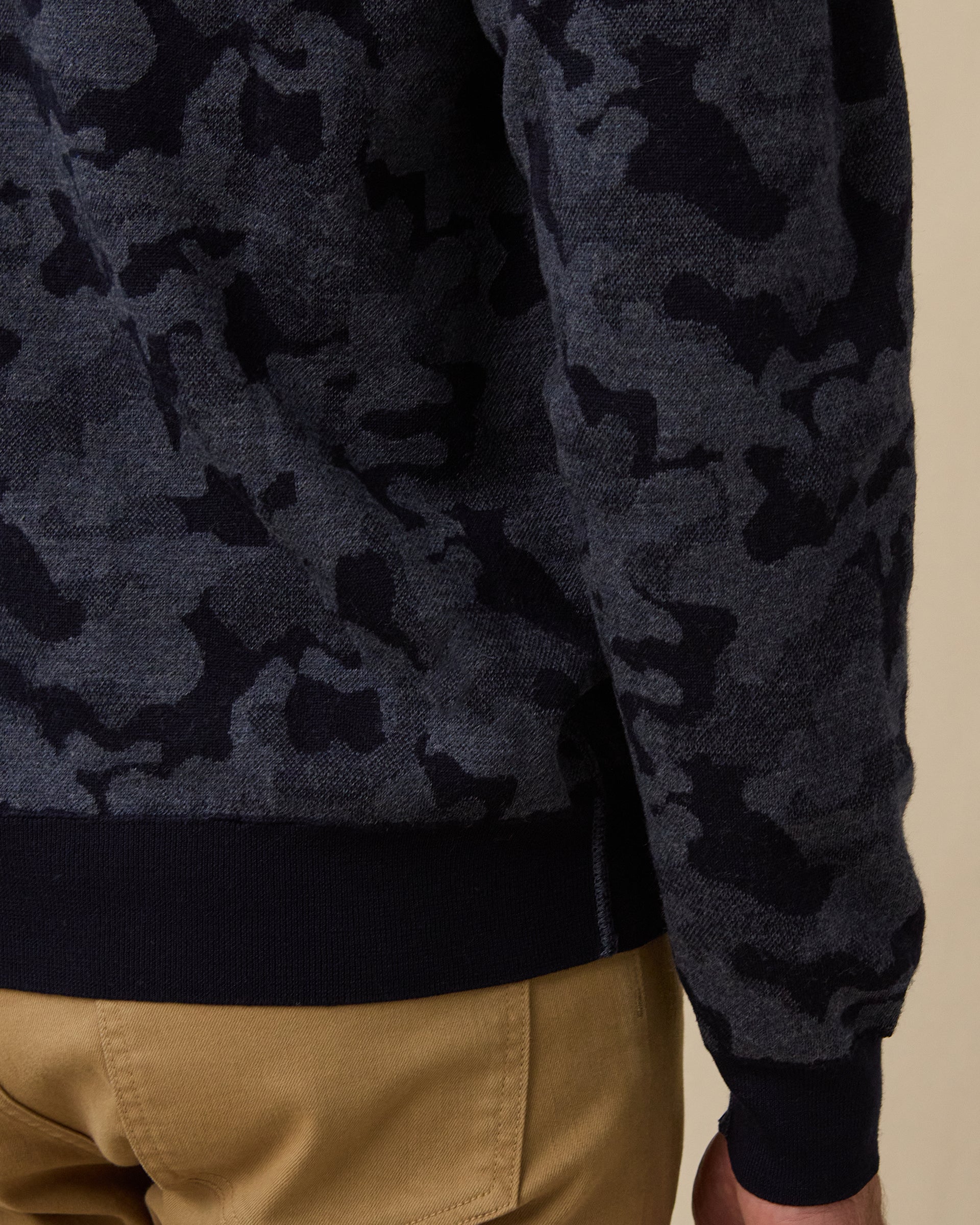 Hickam Reversible Sweater Hoodie in New Indigo with ribbed hem and cuff detail view