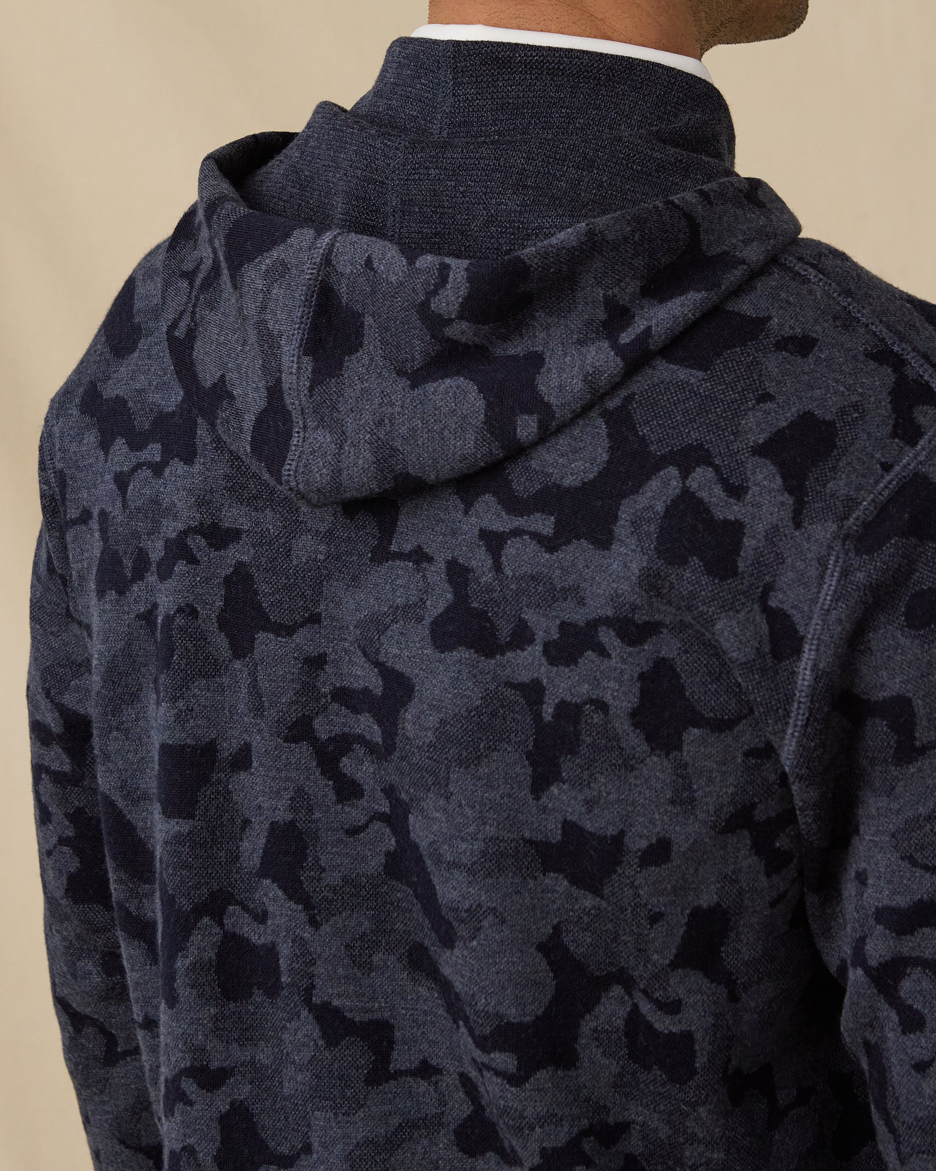 Hickam Reversible Sweater Hoodie in New Indigo with hood detail, back close-up view