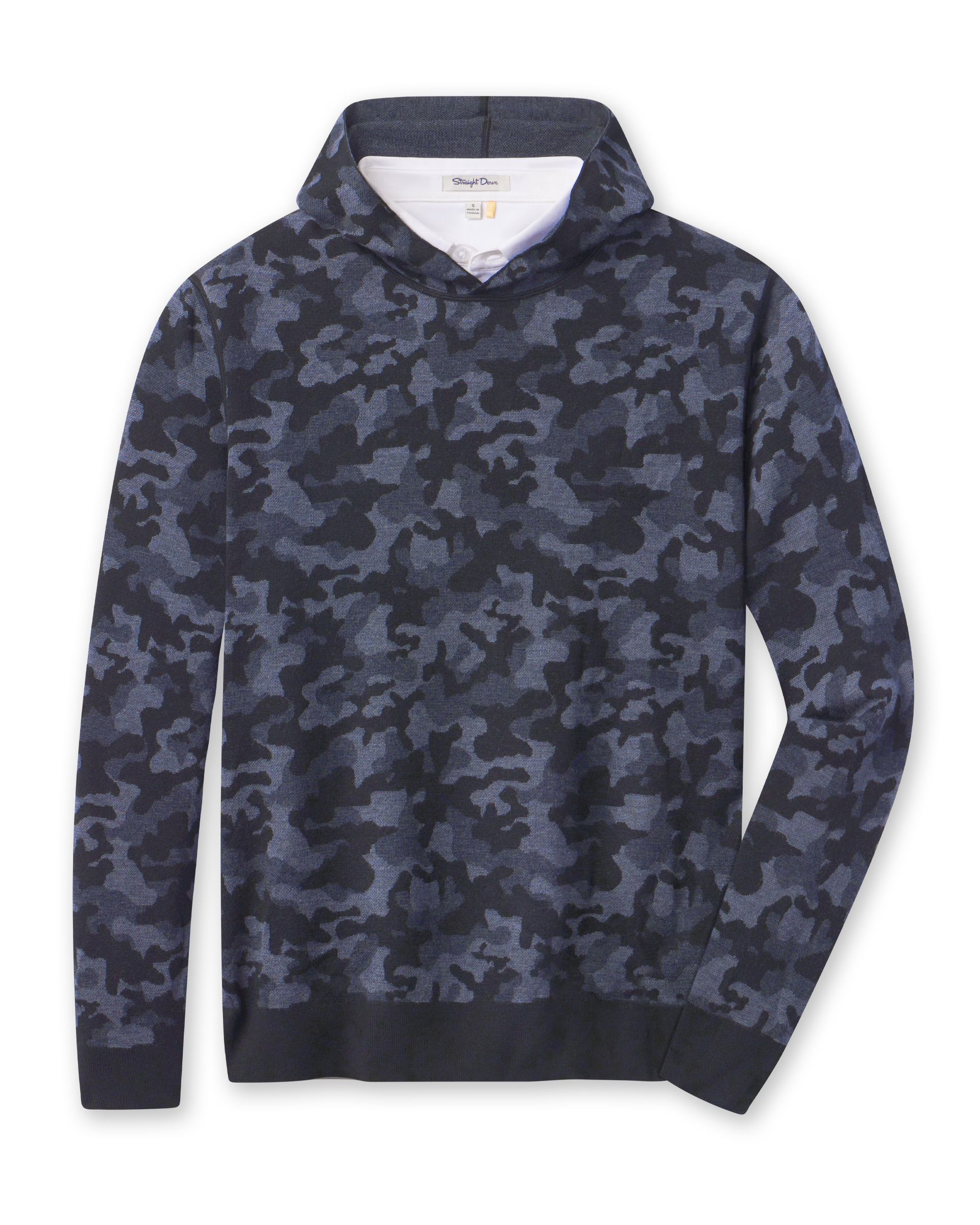 Hickam Reversible Sweater Hoodie in camouflage New Indigo layered over a white polo, front view