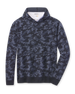 Hickam Reversible Sweater Hoodie in camouflage New Indigo layered over a white polo, front view