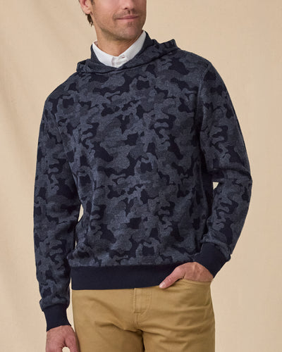 Hickam Reversible Sweater Hoodie in New Indigo camo pattern, front model view