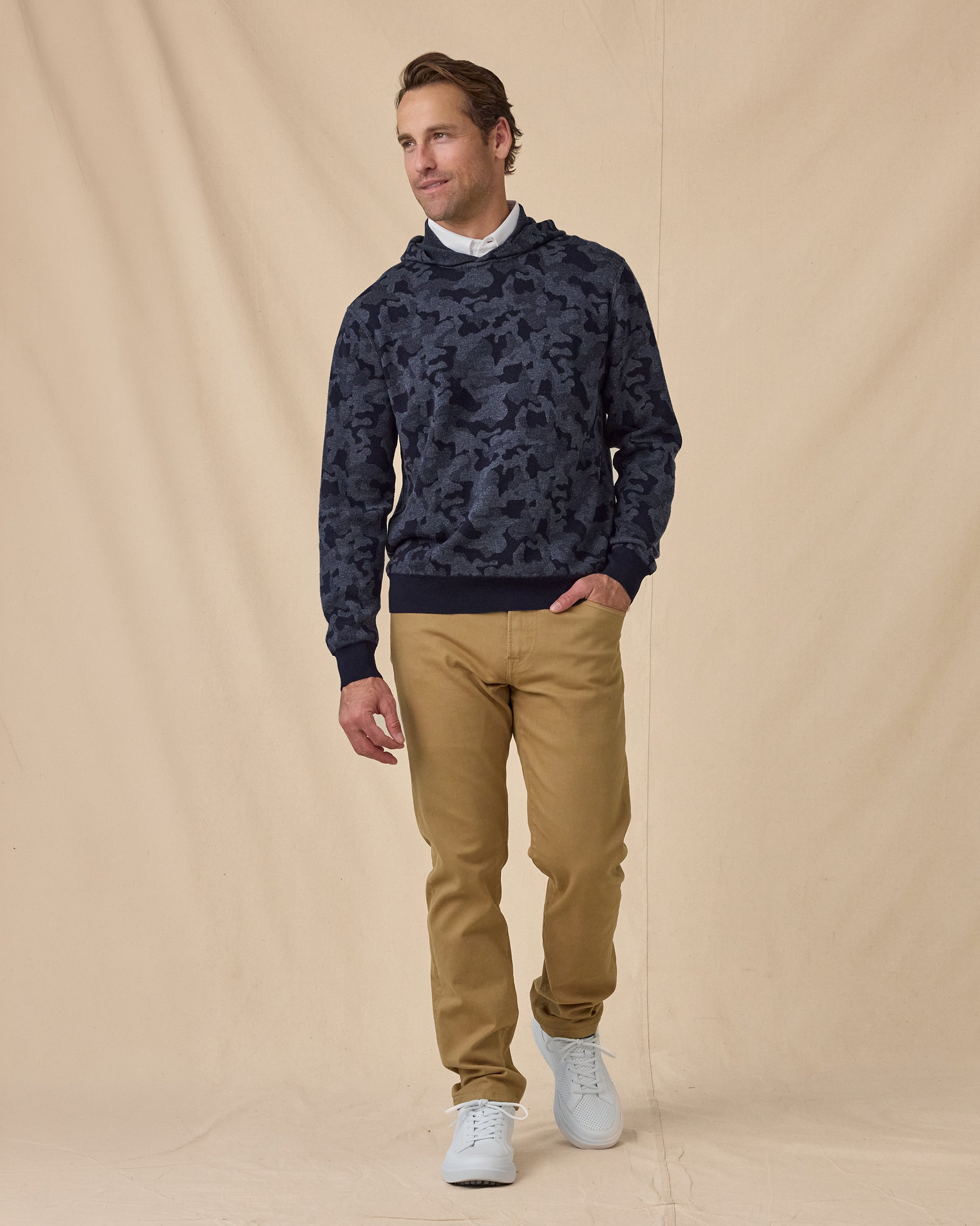 Hickam Reversible Sweater Hoodie in New Indigo with khaki pants, full outfit view