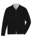 Men's Sarazen Knit Bomber in Black, flat lay front view featuring a full-zip black fine knit bomber with stand collar, side pockets, and gunmetal zipper hardware worn over a light blue polo