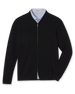 Men's Sarazen Knit Bomber in Black, flat lay front view featuring a full-zip black fine knit bomber with stand collar, side pockets, and gunmetal zipper hardware worn over a light blue polo