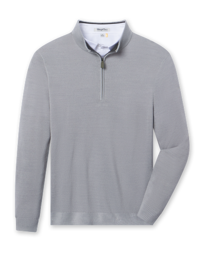 Men's St. Andrews Quarter Zip in Heather, flat lay front view featuring a heathered grey textured knit quarter zip with a grey collar interior, long sleeves, and ribbed cuffs and hem