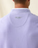 Men's St. Andrews Quarter Zip in Violet Heather, close-up back neck view on model highlighting the tonal Straight Down logo embroidered at center back neck and textured knit detail