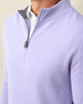 Men's St. Andrews Quarter Zip in Violet Heather, close-up front view on model highlighting the gray interior lining, silver zipper and olive pull tab detail with white polo collar visible at neckline