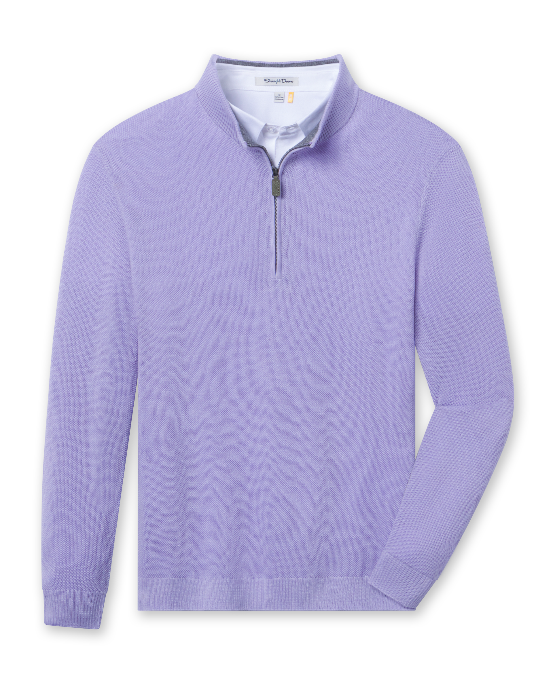 Men's St. Andrews Quarter Zip in Violet, flat lay front view featuring a solid purple textured knit quarter zip