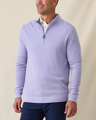 Men's St. Andrews Quarter Zip in Violet Heather, front view on model featuring a textured knit with gray interior lining and silver zipper with olive pull tab, layered over a white polo, paired with navy pants