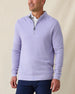 Men's St. Andrews Quarter Zip in Violet Heather, front view on model featuring a textured knit with gray interior lining and silver zipper with olive pull tab, layered over a white polo, paired with navy pants