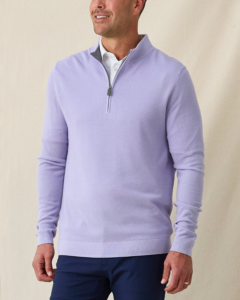 Men's St. Andrews Quarter Zip in Violet Heather, front view on model featuring a textured knit with gray interior lining and silver zipper with olive pull tab, layered over a white polo, paired with navy pants