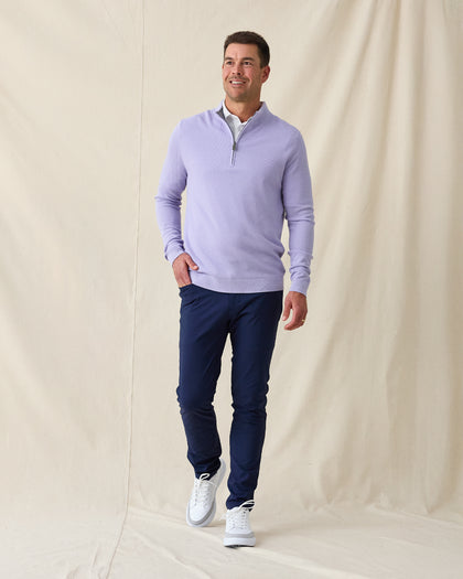 Men's St. Andrews Quarter Zip in Violet Heather, full length front view on model featuring a textured knit with gray interior lining and silver zipper, layered over a white polo, paired with navy pants and white shoes
