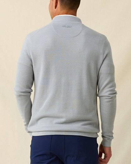 Men's St. Andrews Quarter Zip in Heather, back view on model featuring the Straight Down logo embroidered at the upper back, paired with navy pants