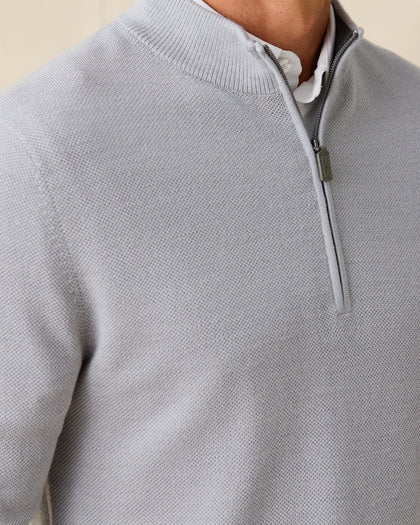 Men's St. Andrews Quarter Zip in Heather, close-up front view on model highlighting the textured knit fabric and quarter zip detail