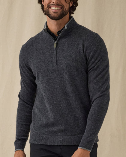 Men's Lakeside Quarter Zip Sweater in Charcoal Heather, on model front view featuring a charcoal heather fine knit quarter zip sweater with light grey contrast stand collar and Straight Down branded zipper pull