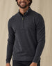 Men's Lakeside Quarter Zip Sweater in Charcoal Heather, on model front view featuring a charcoal heather fine knit quarter zip sweater with light grey contrast stand collar and Straight Down branded zipper pull