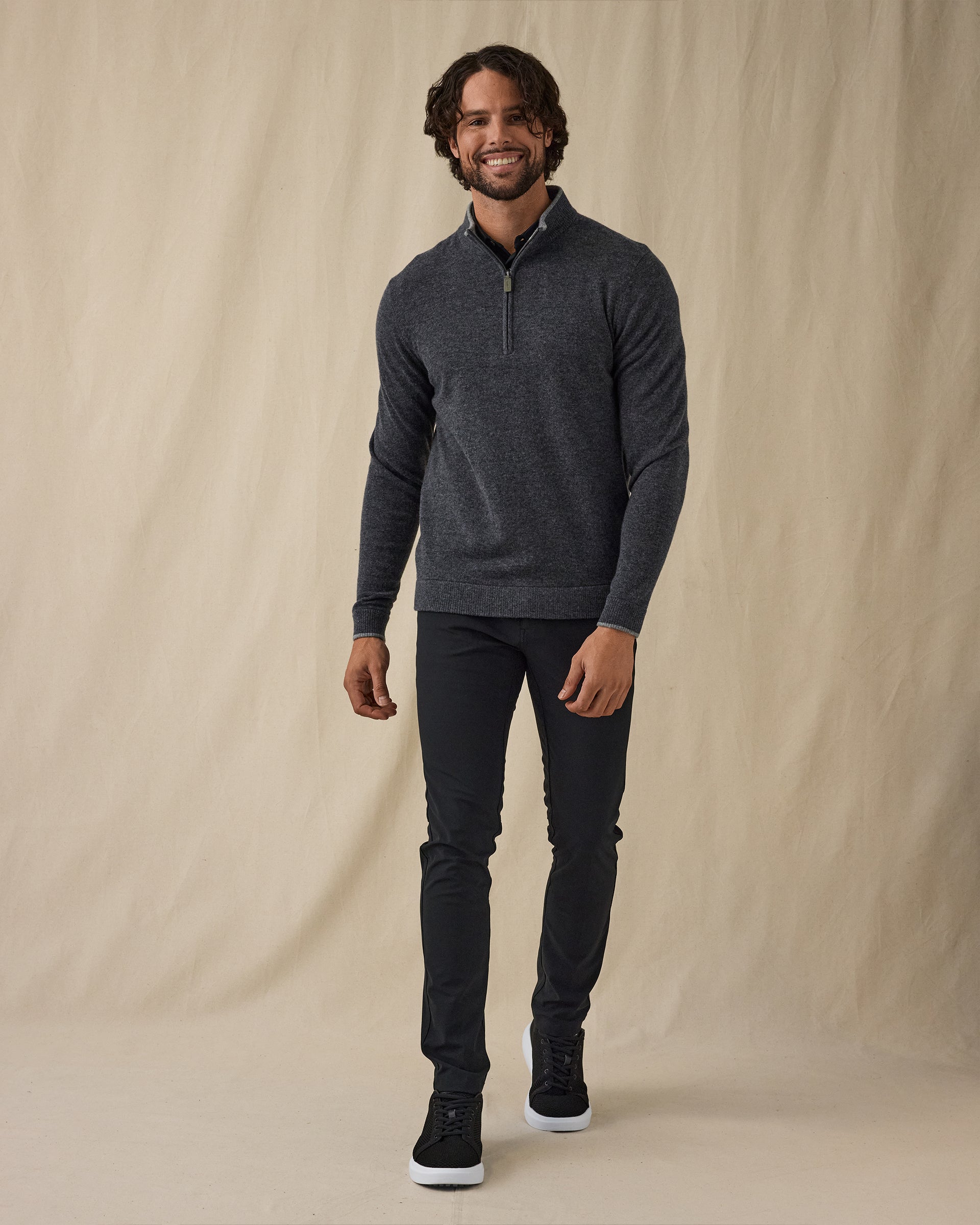 quarter zip sweater over dress shirt One of the best parts about the temperatures dropping is layering season! Check out this quarter zip sweater from @menswearhouse styled three different ways, all office-ready! , The first is the most
