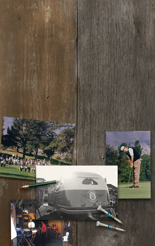 A rustic wooden board displays a collection of golf-themed items, including a vintage airstream, a golfer in action, a crowd scene, a small interior photo, and several golf clubs and pencils.