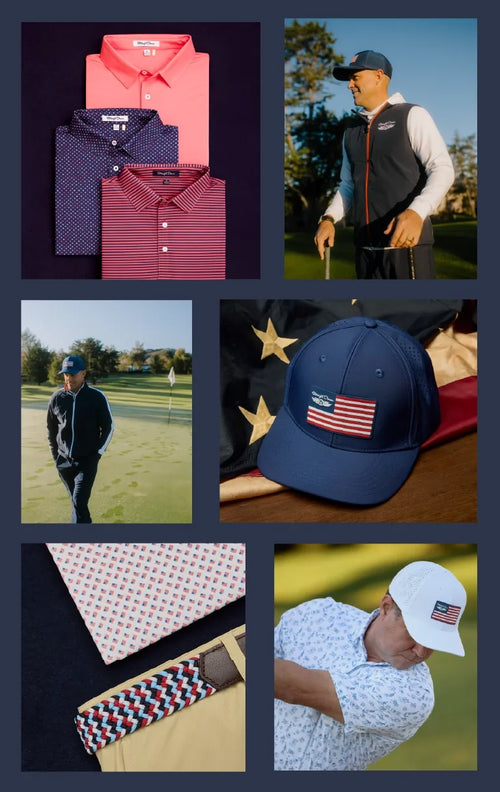 Collage of men’s golf apparel and accessories featuring patriotic red, white, and blue styles worn on and off the course.