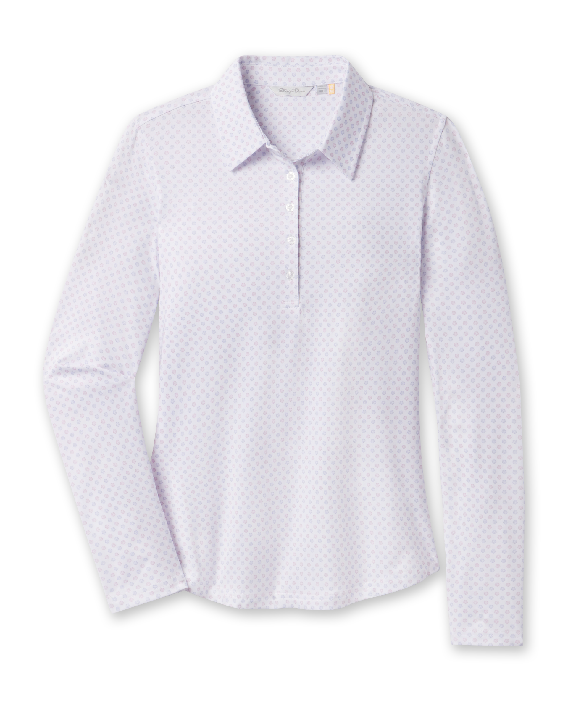 Front product view of the Roses Long Sleeve Polo in Cosmic with a white base, long sleeves, and allover rose print