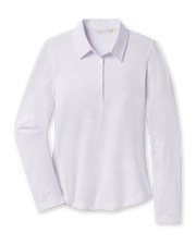 Front product view of the Roses Long Sleeve Polo in Cosmic with a white base, long sleeves, and allover rose print