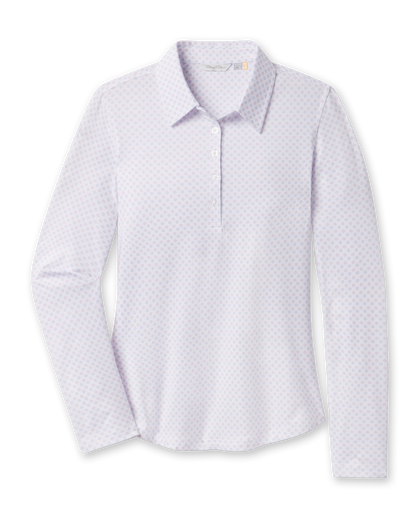 Front product view of the Roses Long Sleeve Polo in Cosmic with a white base, long sleeves, and allover rose print