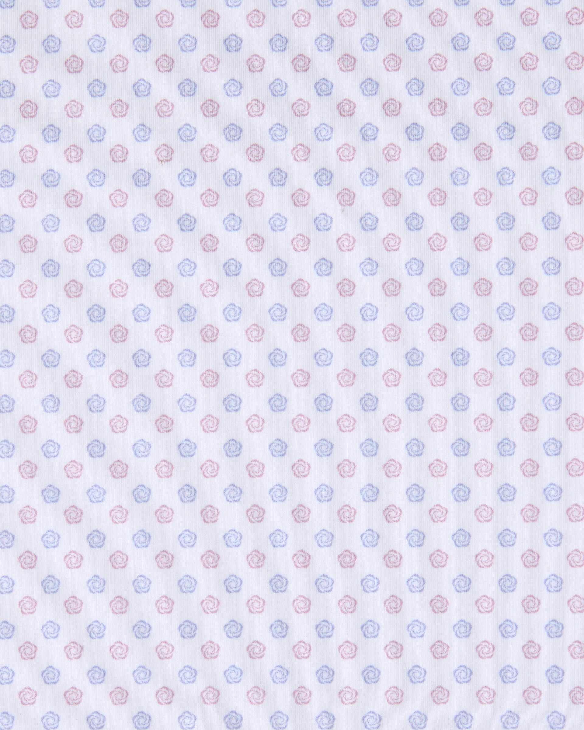 A repeating pattern of small pink and blue floral motifs on a white background.