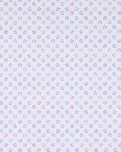 A repeating pattern of small pink and blue floral motifs on a white background.