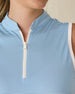 Women's Georgia Stripe Sleeveless Polo in Coastal, collar and zip detail view featuring a light blue and white pinstripe gathered stand collar with white quarter zip hardware and white contrast armhole trim