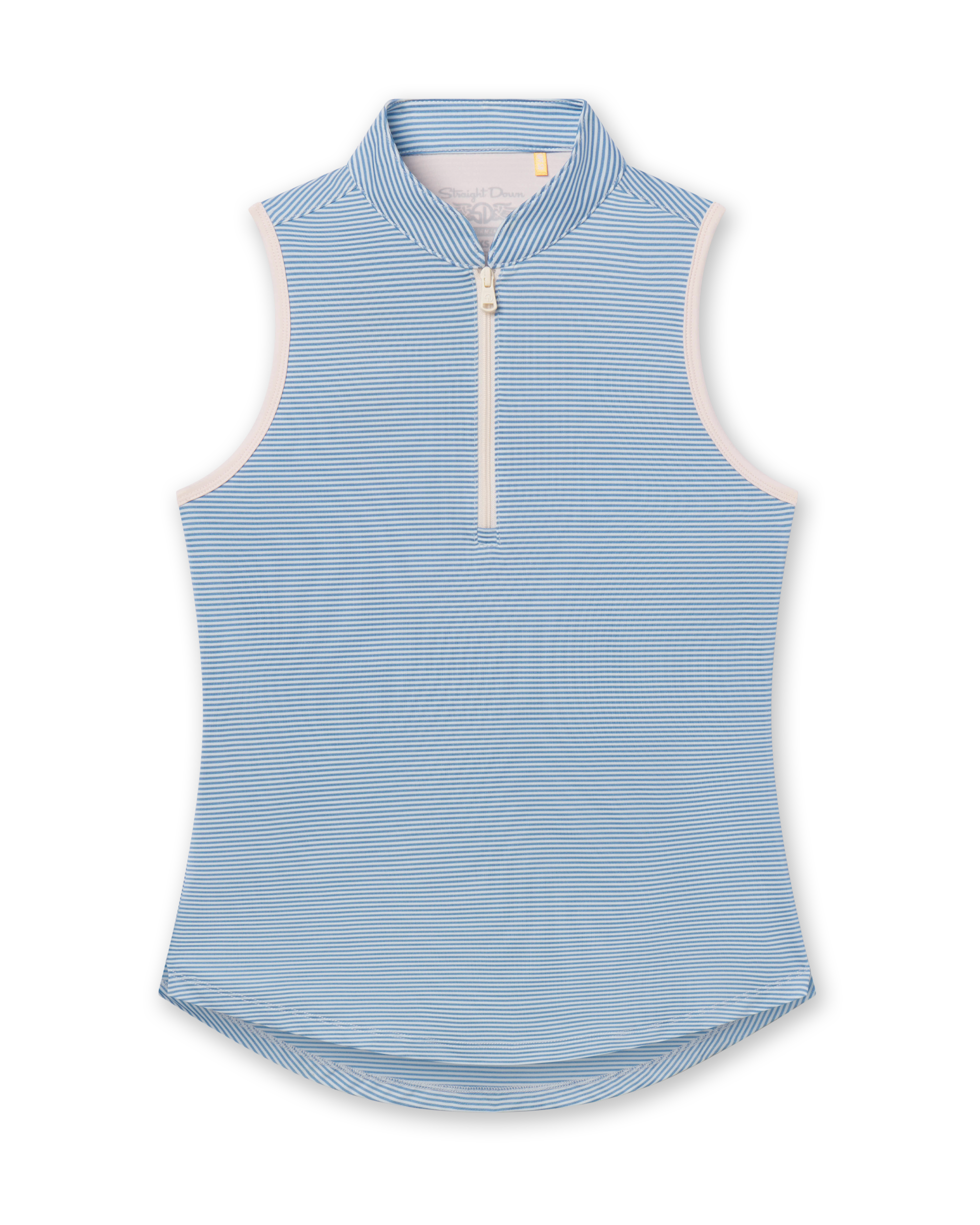 Women's Georgia Stripe Sleeveless Polo in Coastal, flat lay front view featuring a tonal horizontal stripe pattern in blue and white with a quarter zip closure, stand-up collar, and contrast cream armhole trim