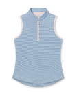 Women's Georgia Stripe Sleeveless Polo in Coastal, flat lay front view featuring a tonal horizontal stripe pattern in blue and white with a quarter zip closure, stand-up collar, and contrast cream armhole trim