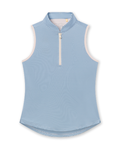 Women's Georgia Stripe Sleeveless Polo in Coastal, flat lay front view featuring a tonal horizontal stripe pattern in blue and white with a quarter zip closure, stand-up collar, and contrast cream armhole trim