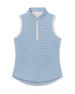 Women's Georgia Stripe Sleeveless Polo in Coastal, flat lay front view featuring a tonal horizontal stripe pattern in blue and white with a quarter zip closure, stand-up collar, and contrast cream armhole trim