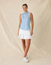 Women's Georgia Stripe Sleeveless Polo in Coastal, full length model view featuring a light blue and white pinstripe sleeveless polo with a gathered stand collar and white contrast armhole trim, styled with a white pleated skort and white shoes