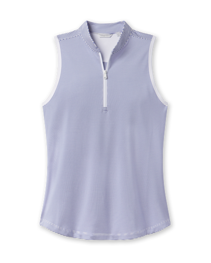 Georgia Stripe Sleeveless Polo in Tidal Blue micro stripe print, front view