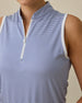 Georgia Stripe Sleeveless Polo in Tidal Blue micro stripe print, collar and zipper detail view