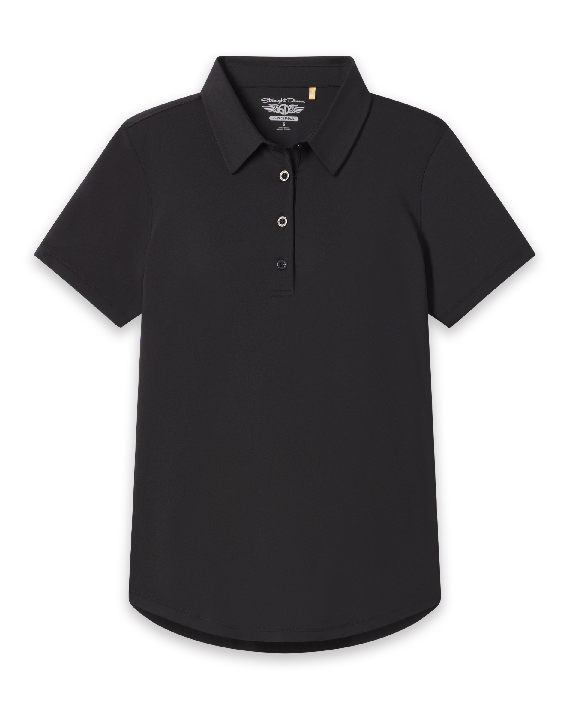 Women's Abbot 2.0 Polo in Black, flat lay front view featuring a solid black short sleeve polo with a curved hem