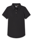 Women's Abbot 2.0 Polo in Black, flat lay front view featuring a solid black short sleeve polo with a curved hem