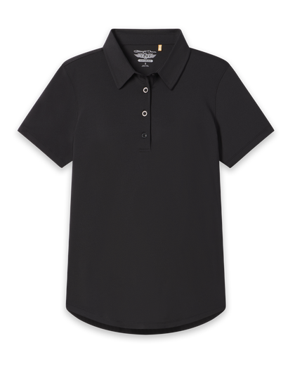 Women's Abbot 2.0 Polo in Black, flat lay front view featuring a solid black short sleeve polo with a curved hem