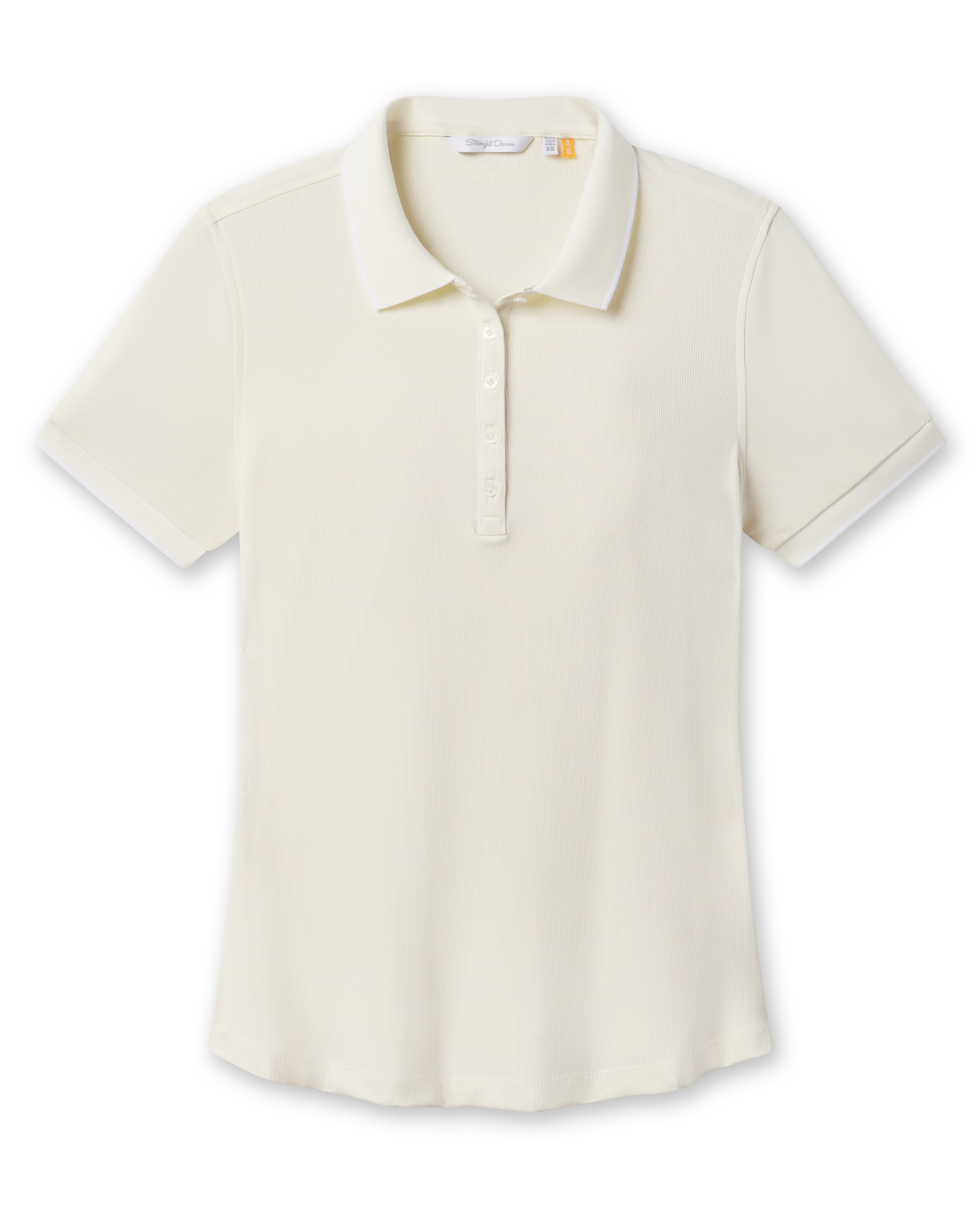 Women’s Sindy Rib Knit Polo in Coconut featuring a subtle ribbed texture, short sleeves, contrast-trim collar, and button placket.