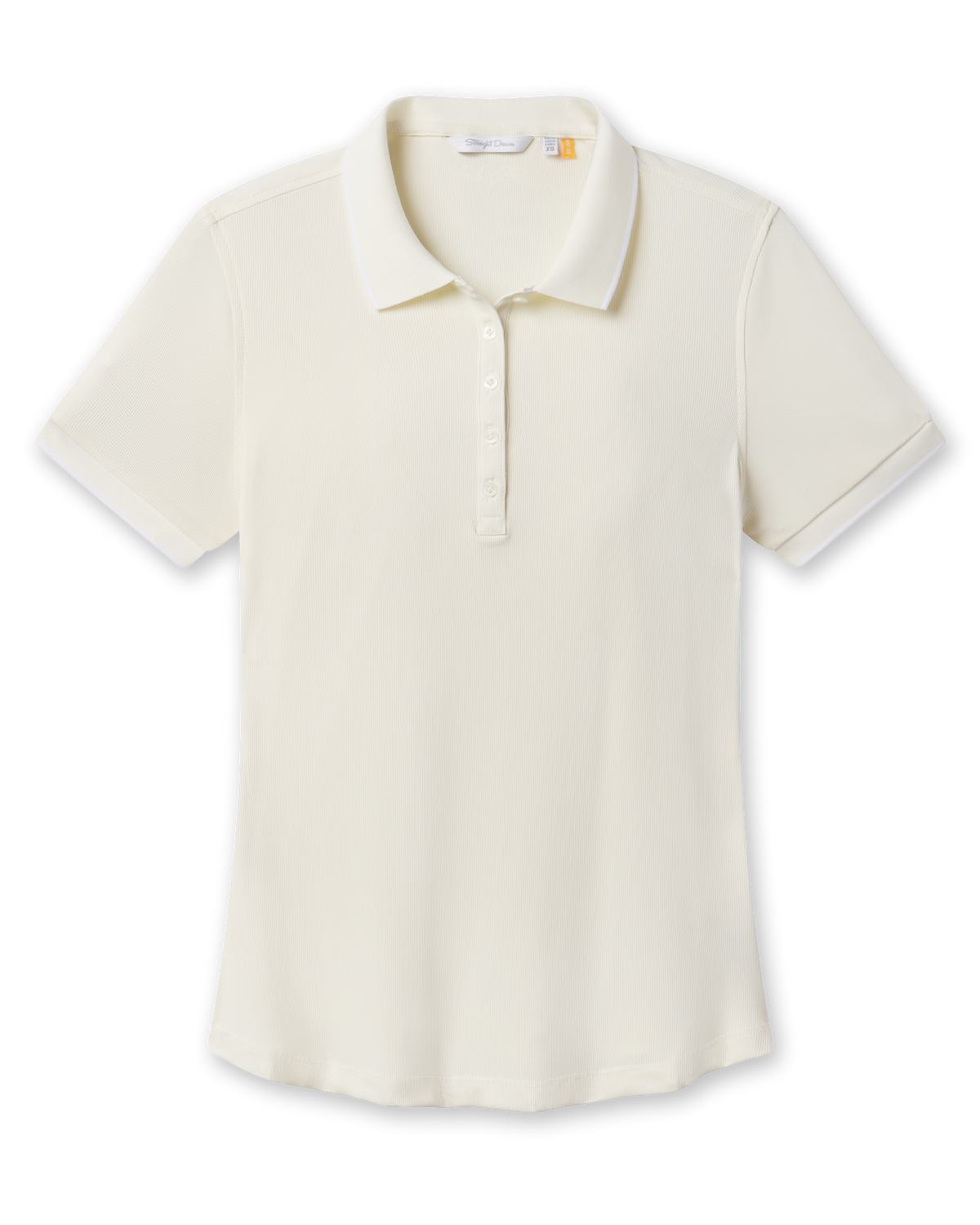 Women’s Sindy Rib Knit Polo in Coconut featuring a subtle ribbed texture, short sleeves, contrast-trim collar, and button placket.