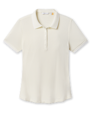 Women’s Sindy Rib Knit Polo in Coconut featuring a subtle ribbed texture, short sleeves, contrast-trim collar, and button placket.
