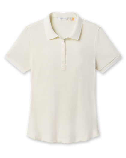 Women’s Sindy Rib Knit Polo in Coconut featuring a subtle ribbed texture, short sleeves, contrast-trim collar, and button placket.