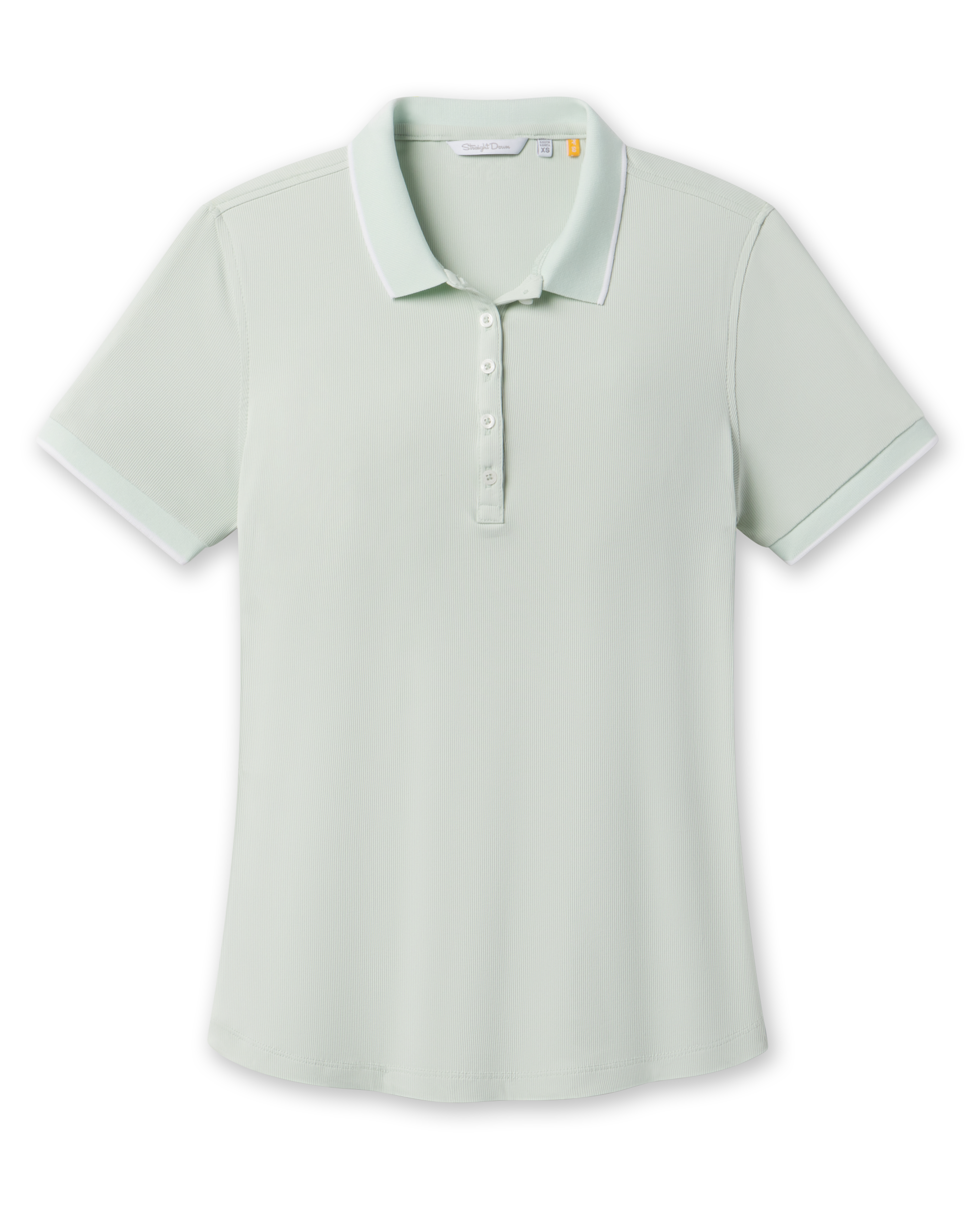Front product view of the Sindy Polo in Lemongrass, featuring a ribbed texture, button placket, and white contrast trim at the collar and sleeves.